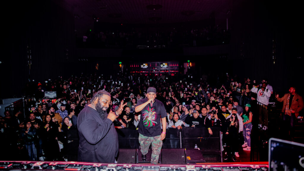 Immortal Technique, right, performs alongside Poison Pen at the Yost Theatre in Santa Ana, California, on Jan. 21, 2024.